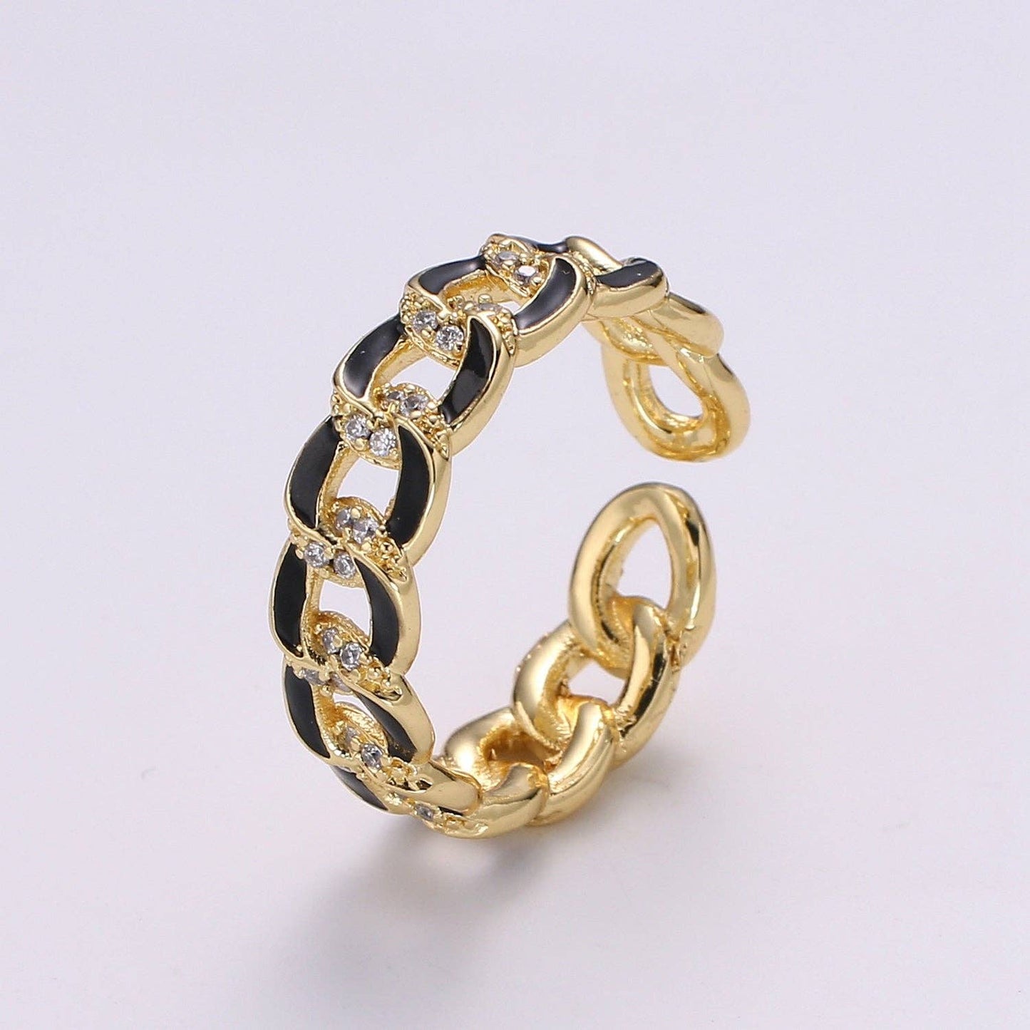 1X CZ Colorful Enamel Rings Gold Curb Chain Statement Ring, Chunky Chain Ring, Stackable Open Adjustable Ring Pink White black Green Yellow