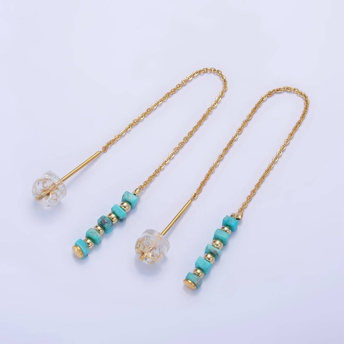 16K Gold Filled  Turquoise Gemstone Cable Chain Threader Earrings | P017