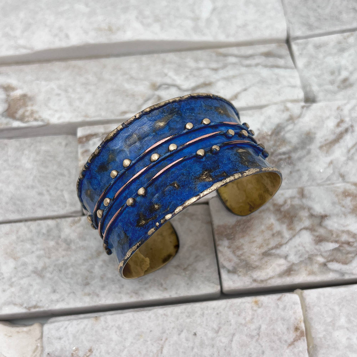 Brass Patina Cuff Bracelet - Dark Blue River