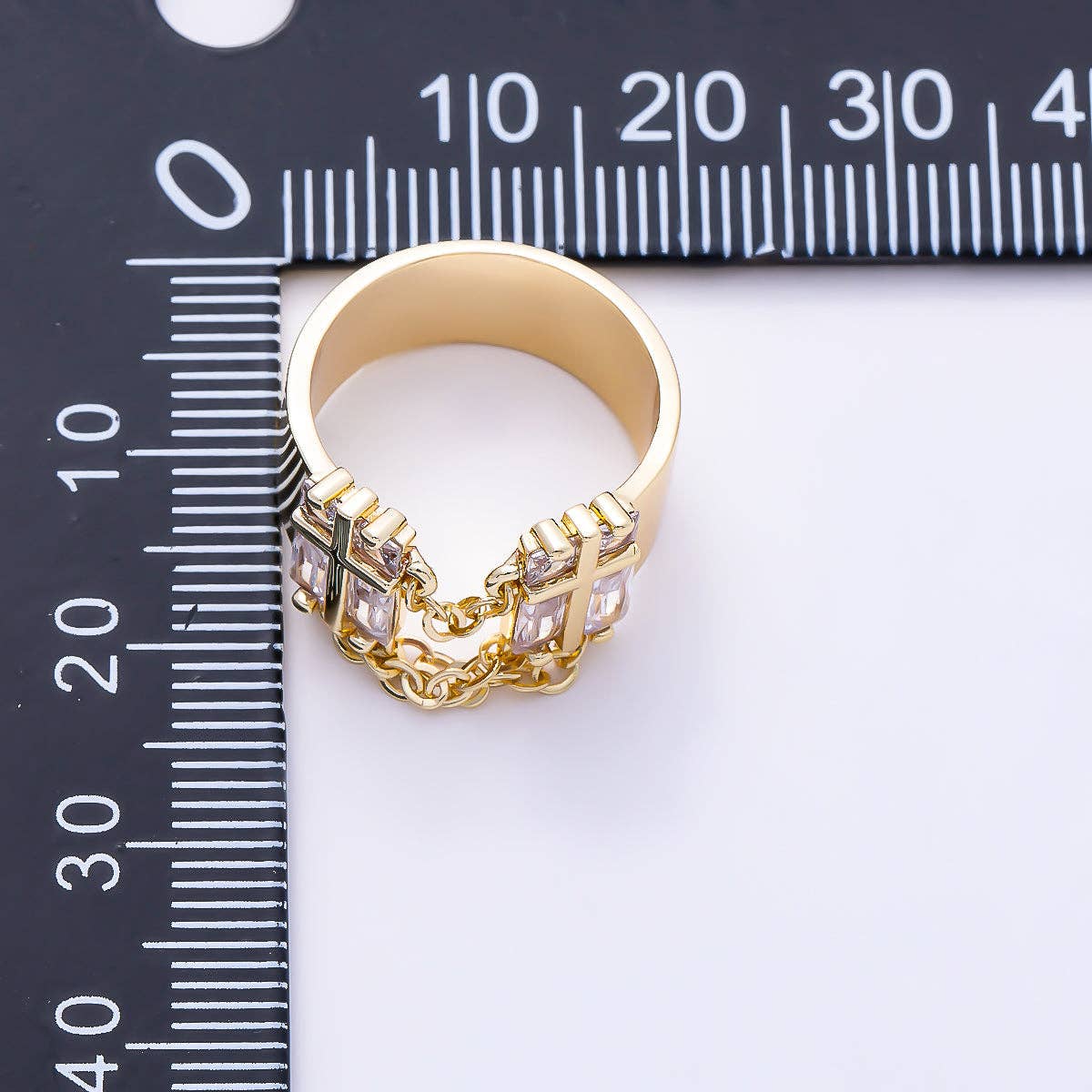 16K Gold Filled Clear Baguette CZ Open Front Double Cross Ring | Rings-00406