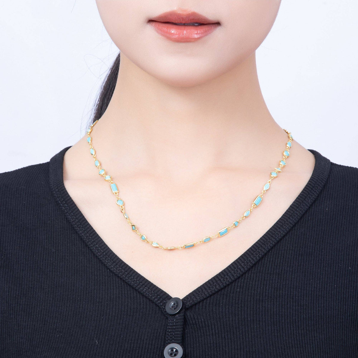 18K Gold Filled 6mm Blue Turquoise Multi Cut Bezel Gemstone Chain 18.5 Inch Necklace | WA-00283