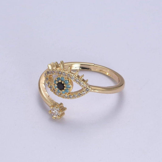 Gold Filled Eye Ring, Evil Eye, CZ Eye Ring Good Luck Open Adjustable Ring