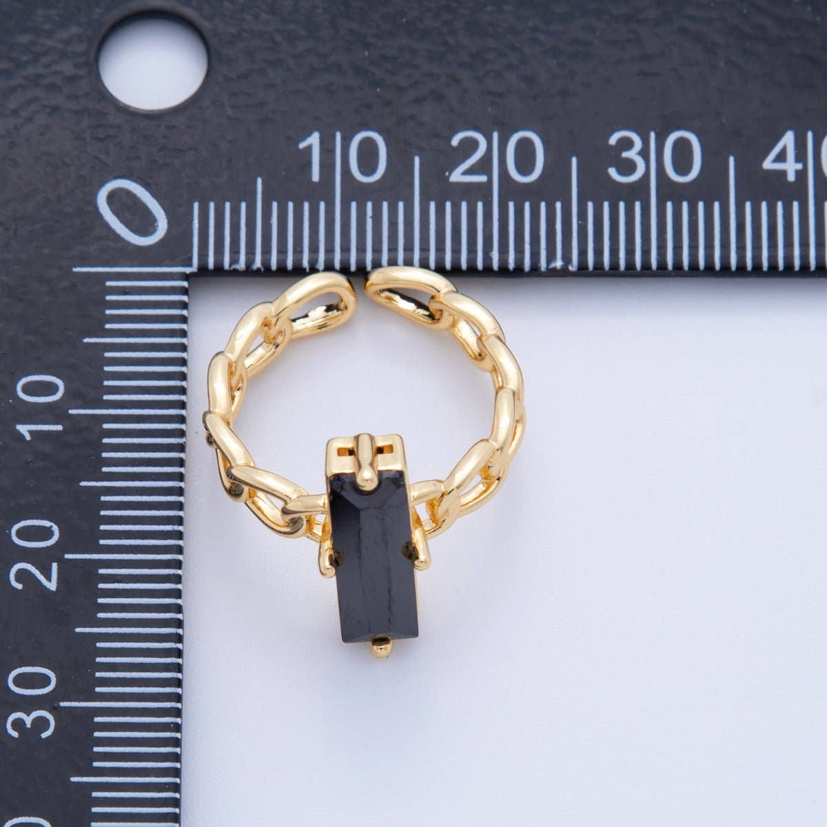 18K Gold Filled Black Baguette CZ Curb Band Solitaire Ring | O1838