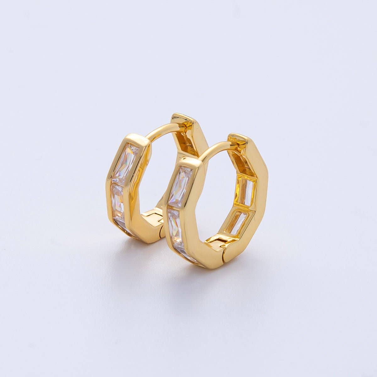 18K Gold Filled 12mm Clear CZ Baguette Huggie Earrings | Earrings-00056