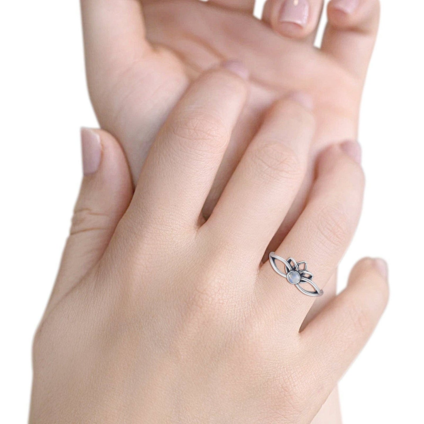 Round Moonstone Lotus Ring Oxidized