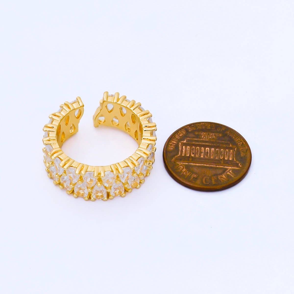 24K Gold Filled Teardrop Double CZ Cluster Tennis Band Adjustable Ring | O1666