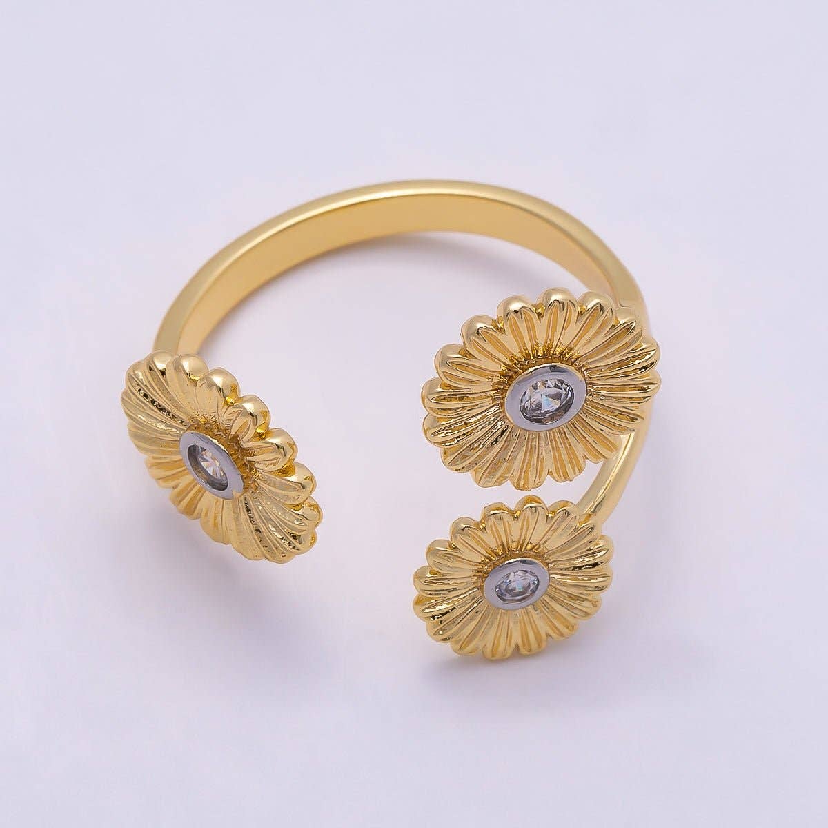 24K Gold Filled Clear CZ Triple Sunflower Mixed Metal Wrap Ring | Rings-00108