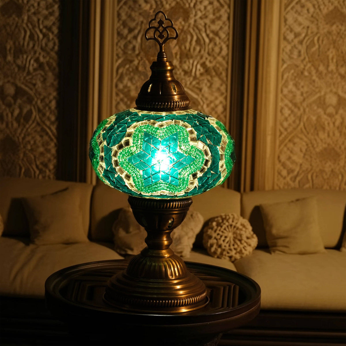 Green Mosaic Table Lamp, Handmade Turkish Accent Light