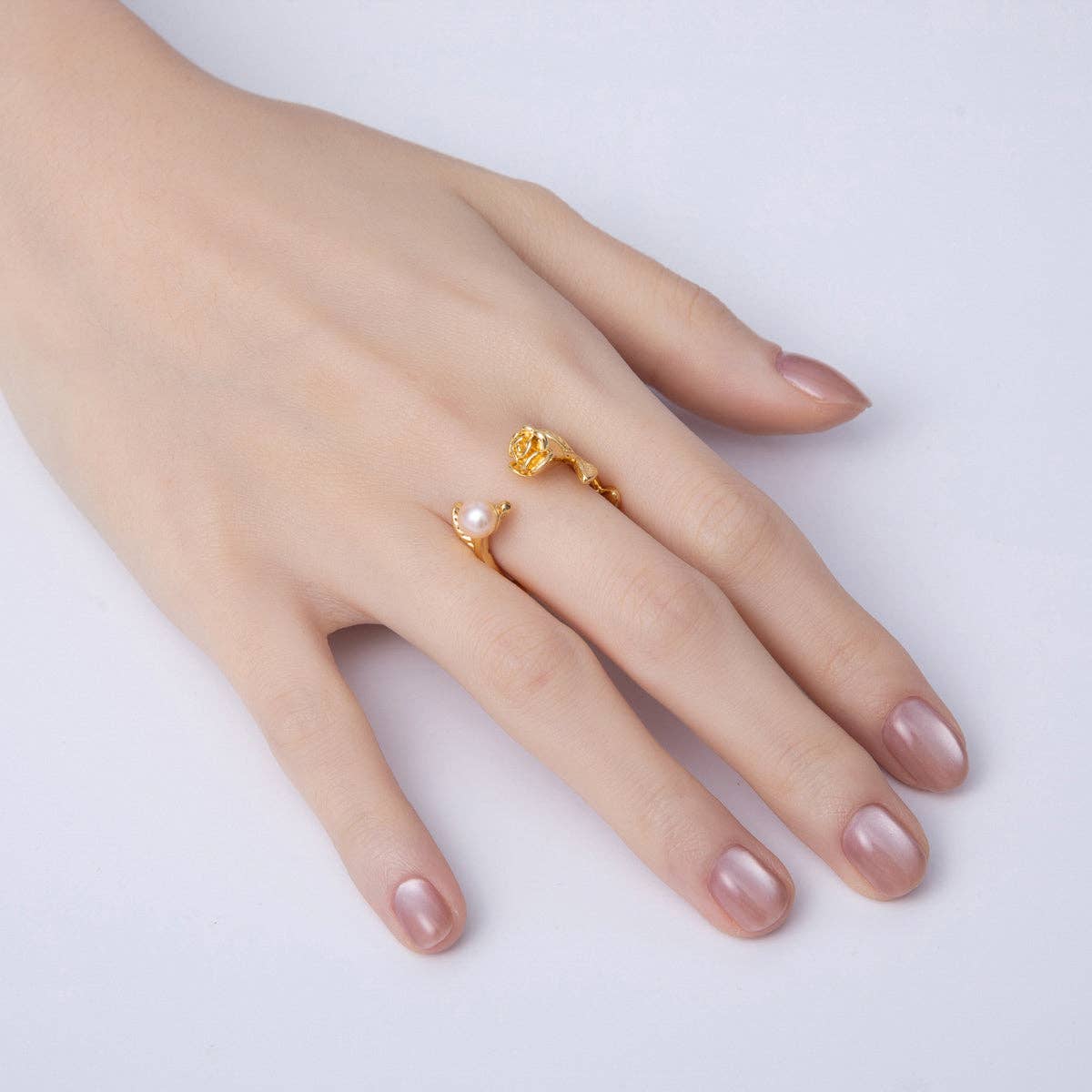 18K Gold Filled White, Pink Shell Pearl Rose Flower Leaf Wrap Ring | O799