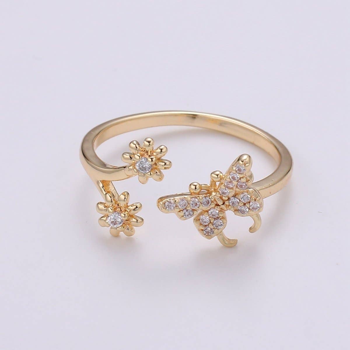 Dainty Elegant Butterfly and Flower 18K Gold Filled Adjustable Ring - R-271