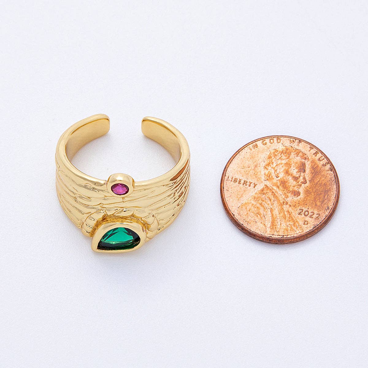 16K Gold Filled Green Fuchsia CZ Textured Wide Band Ring | Rings-00028