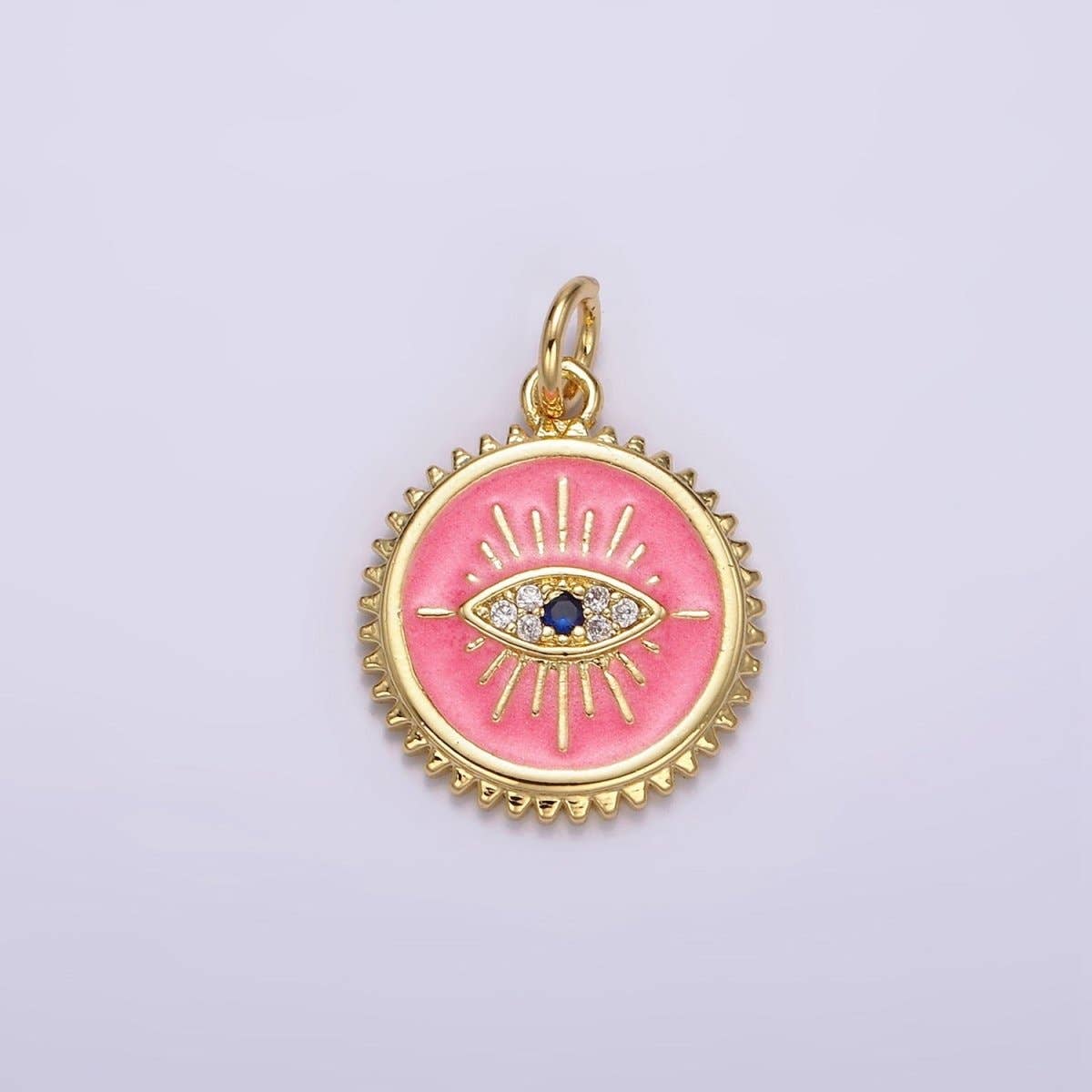 14K Gold Filled White, Pink Evil Eye Blue CZ Spiked Outline Round Charm | AG414 AG415