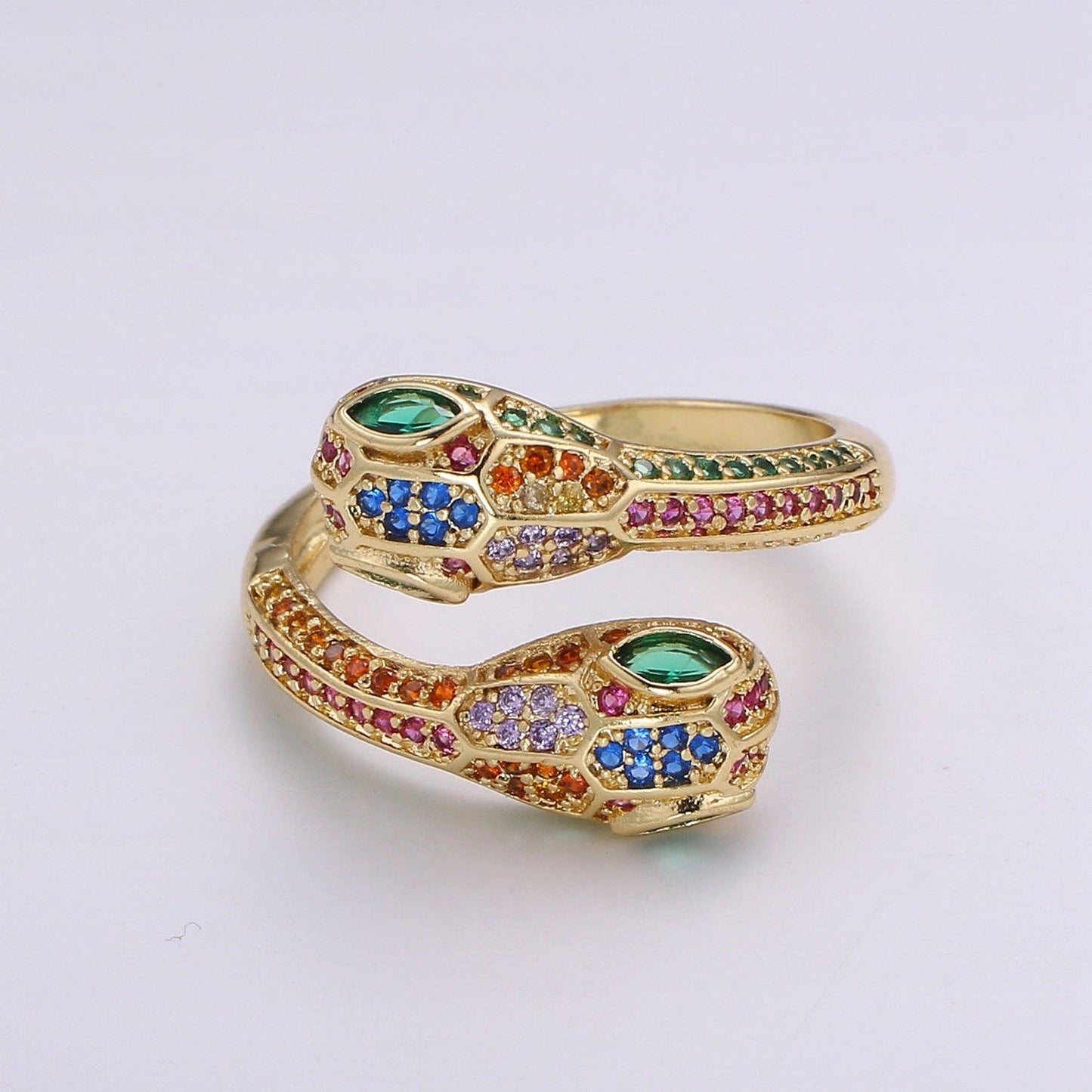 1pc 24k Gold CZ Pave Double Head Snake Ring, Adjustable Gold Snake Ring, Two Heads Serpent Animal Ring, Multi color Stone DIY Jewelry  R313