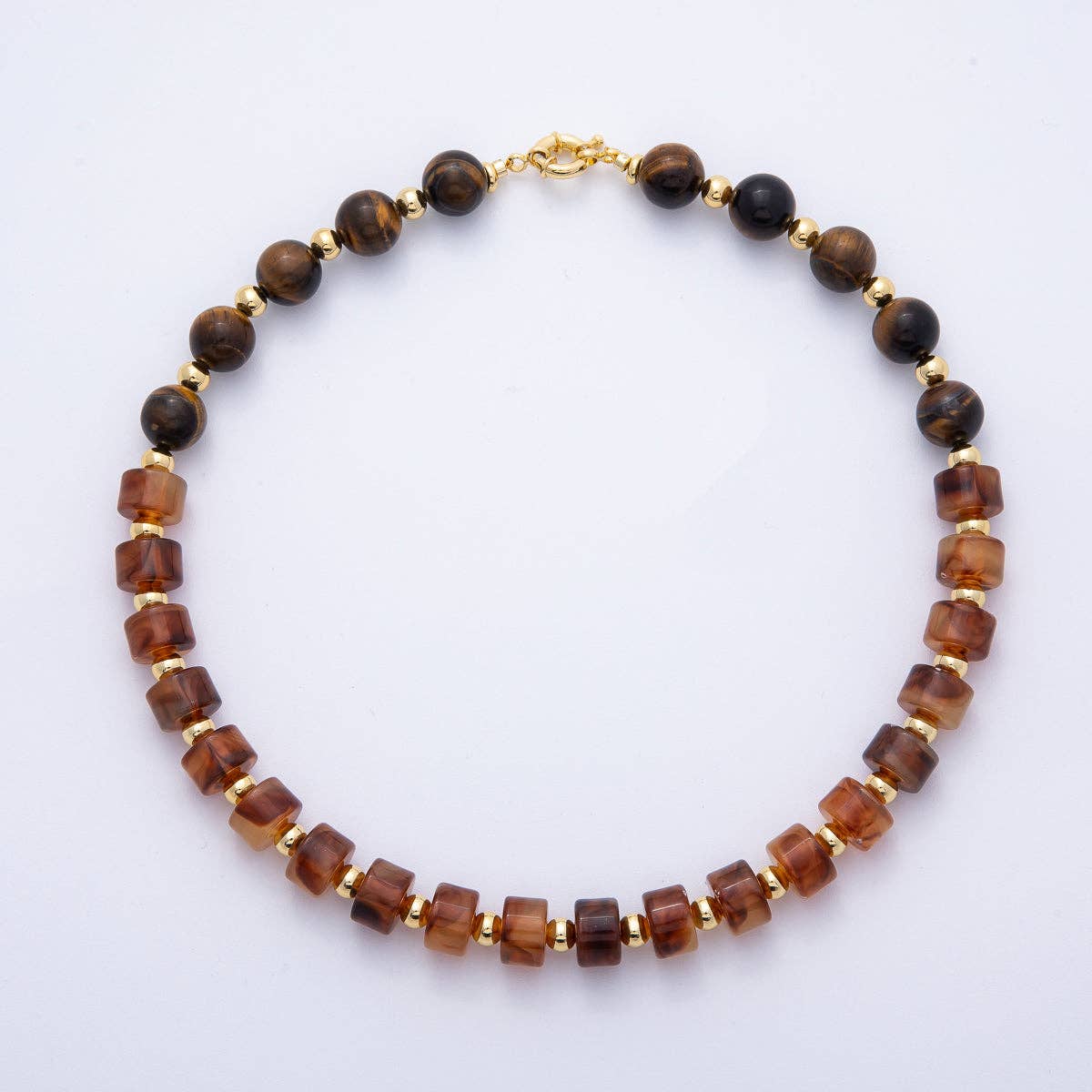 18K Gold Filled 12mm Orange Citrine Tiger Eye Tube Round Bead 18.5 Inch w. Sailor Clasps | WA-04131
