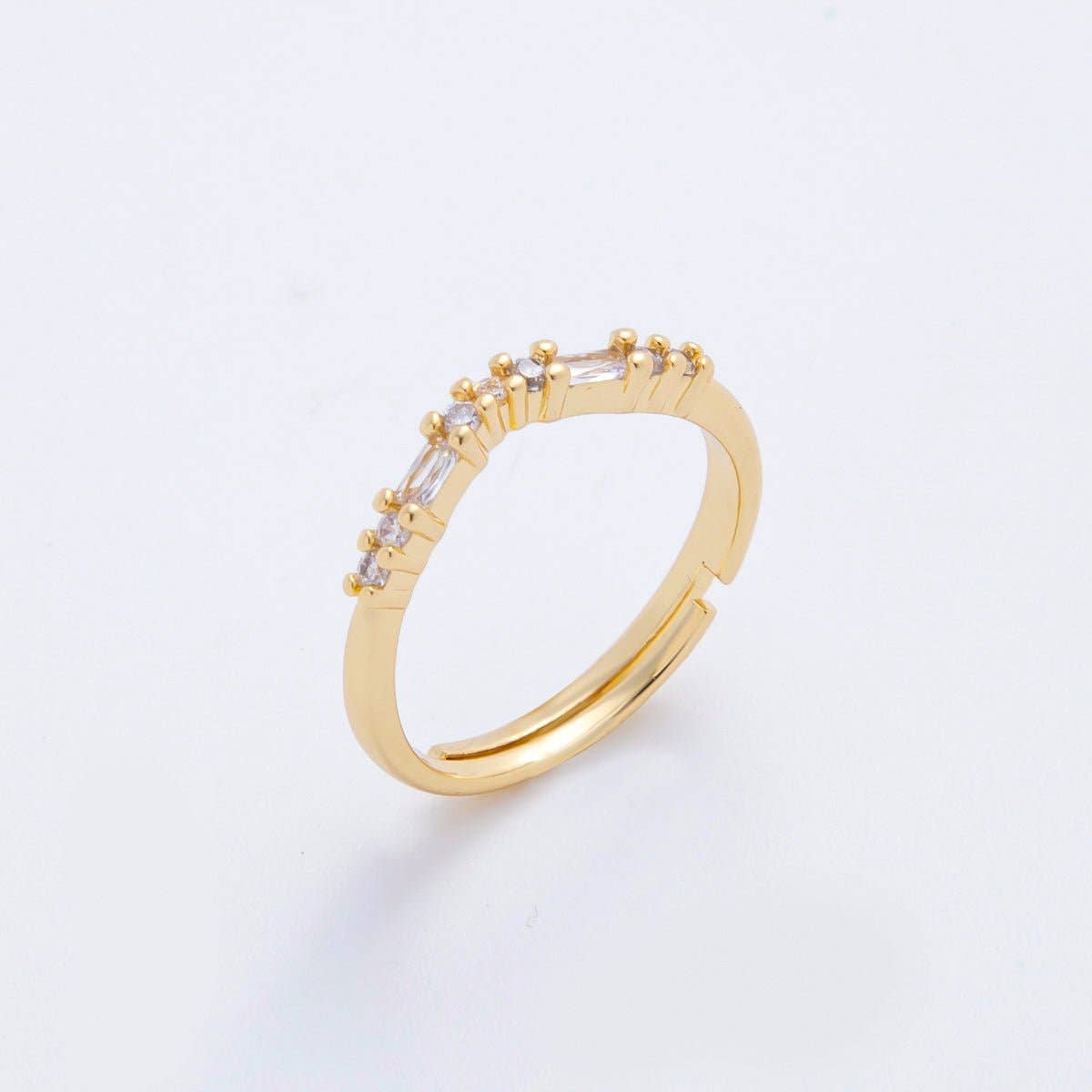 18K Gold Filled Dainty Clear, Pink Baguette Lined CZ Cluster Curved Adjustable Ring | O-2189