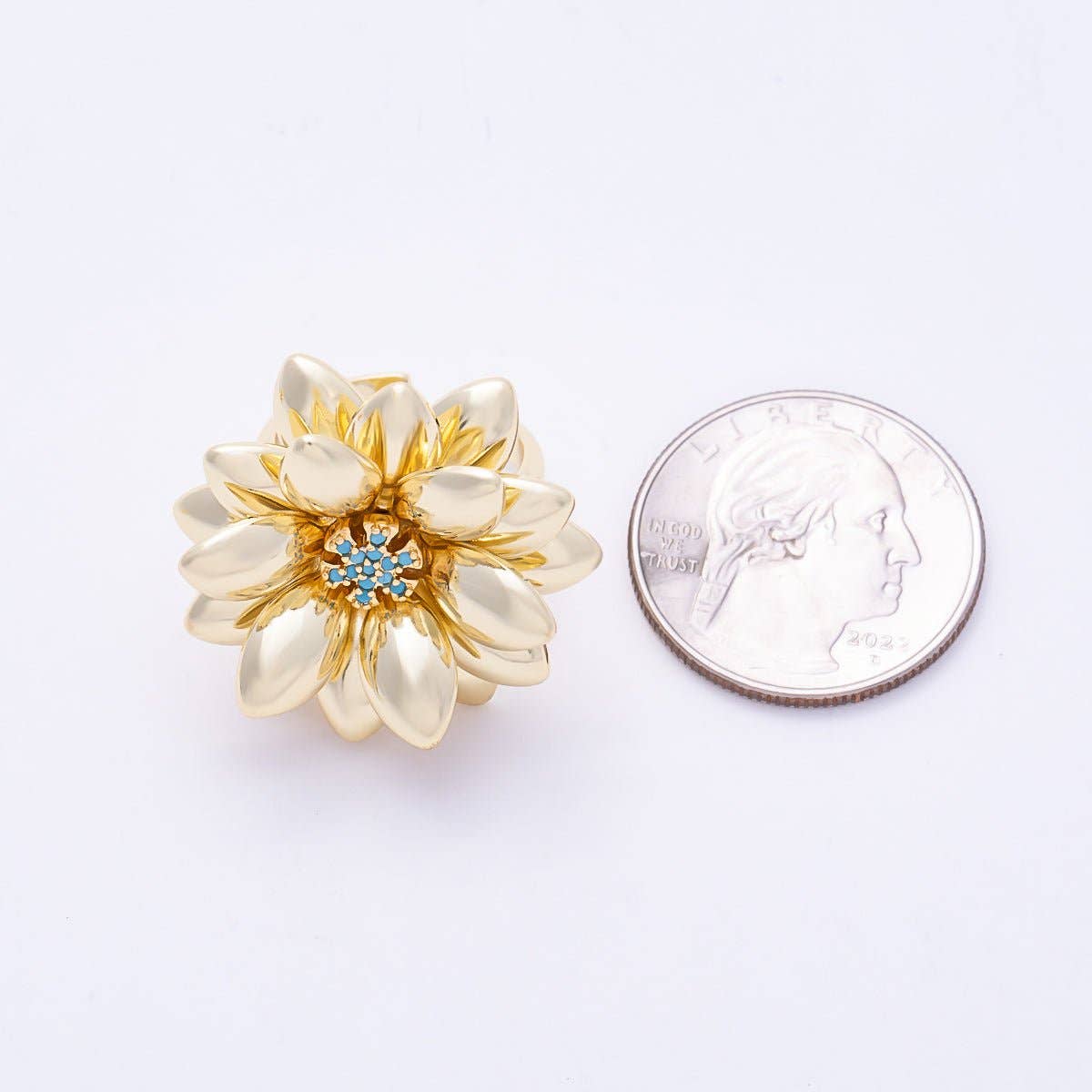 16K Gold Filled Clear, Turquoise Micro Paved CZ Flower Ring | Rings-00330 Rings-00331