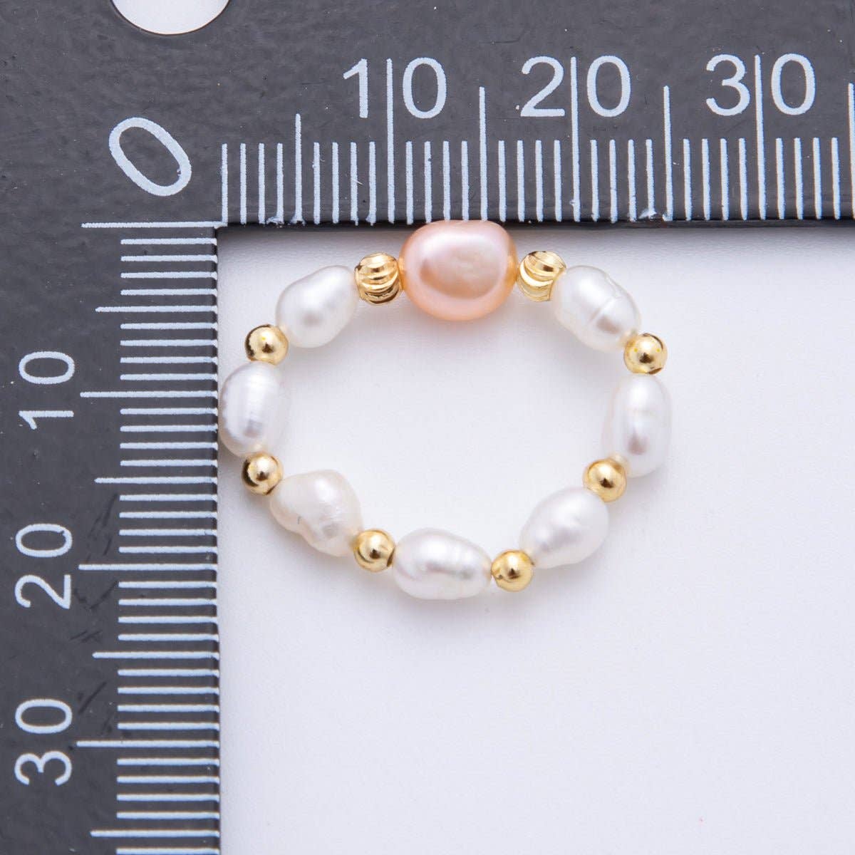 18K Gold Filled Freshwater Pearl Bead Handmade Stretch Ring | O-055