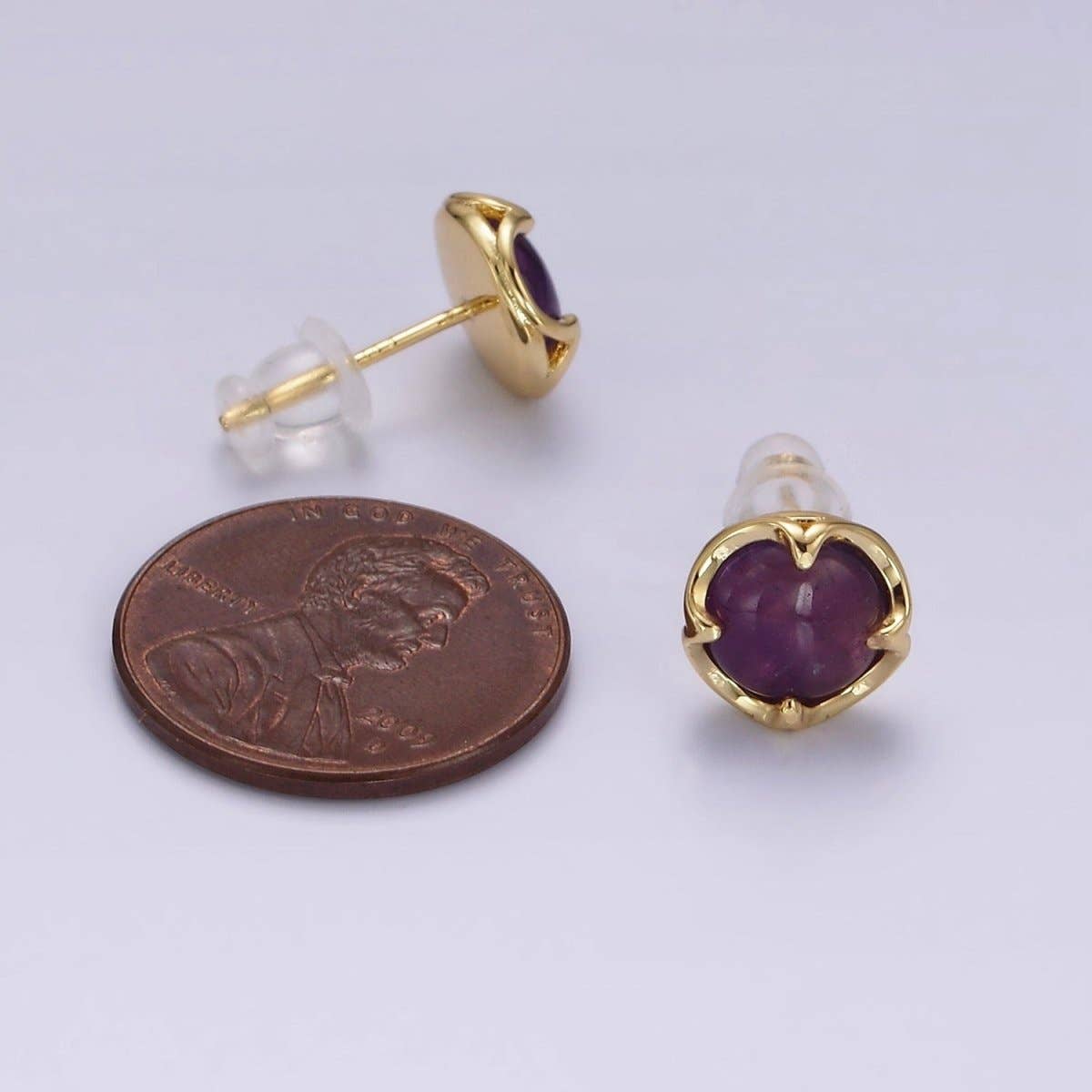 14K Gold Filled Amethyst Claw Bezel Round Stud Earrings | V-261