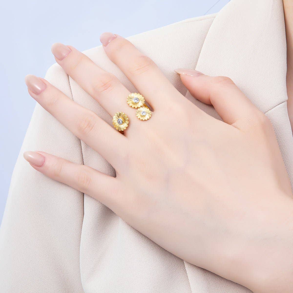 24K Gold Filled Clear CZ Triple Sunflower Mixed Metal Wrap Ring | Rings-00108
