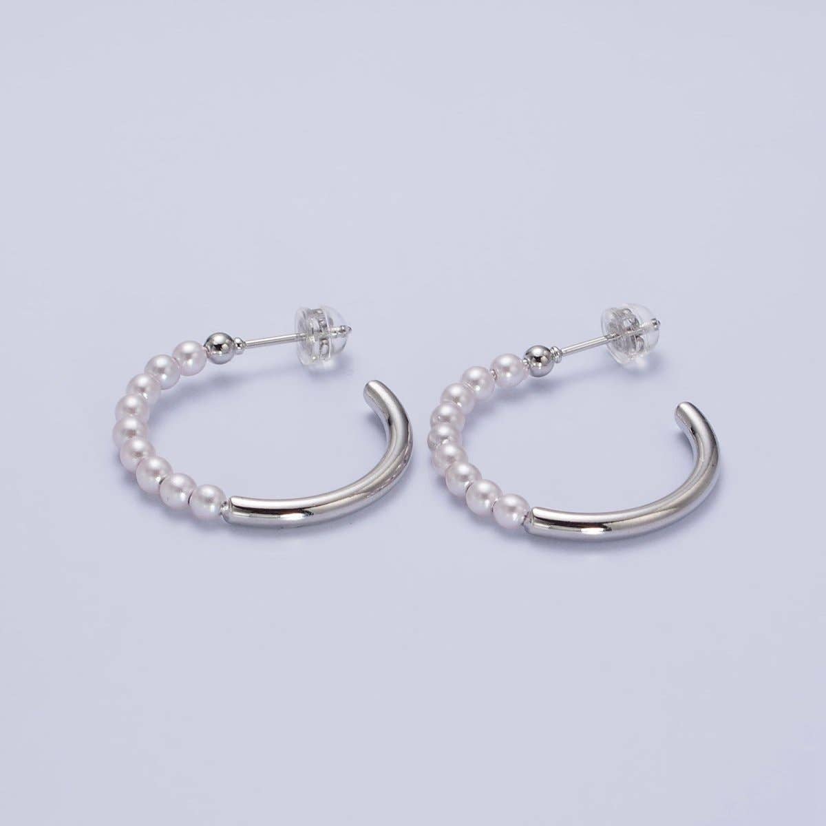 16K Gold Filled 25mm Half Pearl Hoop Earrings in Gold & Silver | AB366 AB367