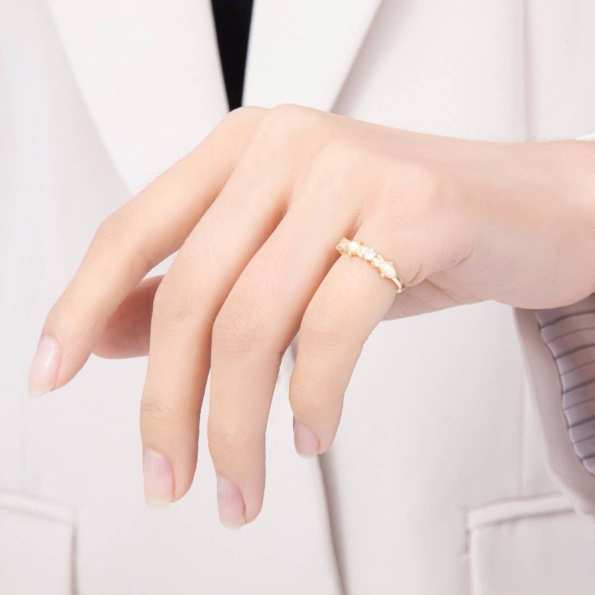 16K Gold Filled Vintage Marquise White Opal & Round Clear CZ Adjustable Pinky Ring | Rings-00381