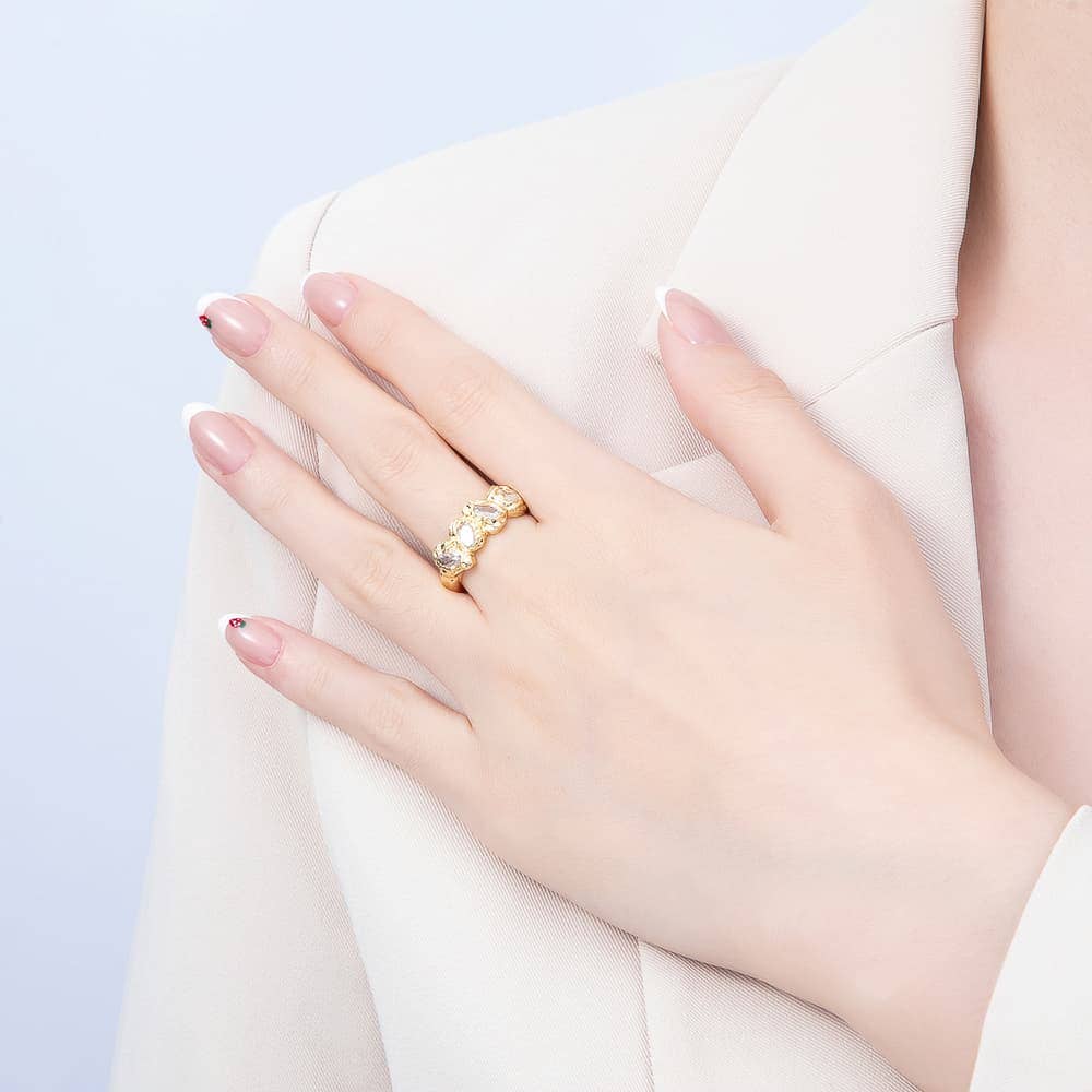 16K Gold Filled Clear Oval CZ Irregular Organic Molten Open Adjustable Ring | Rings-00414
