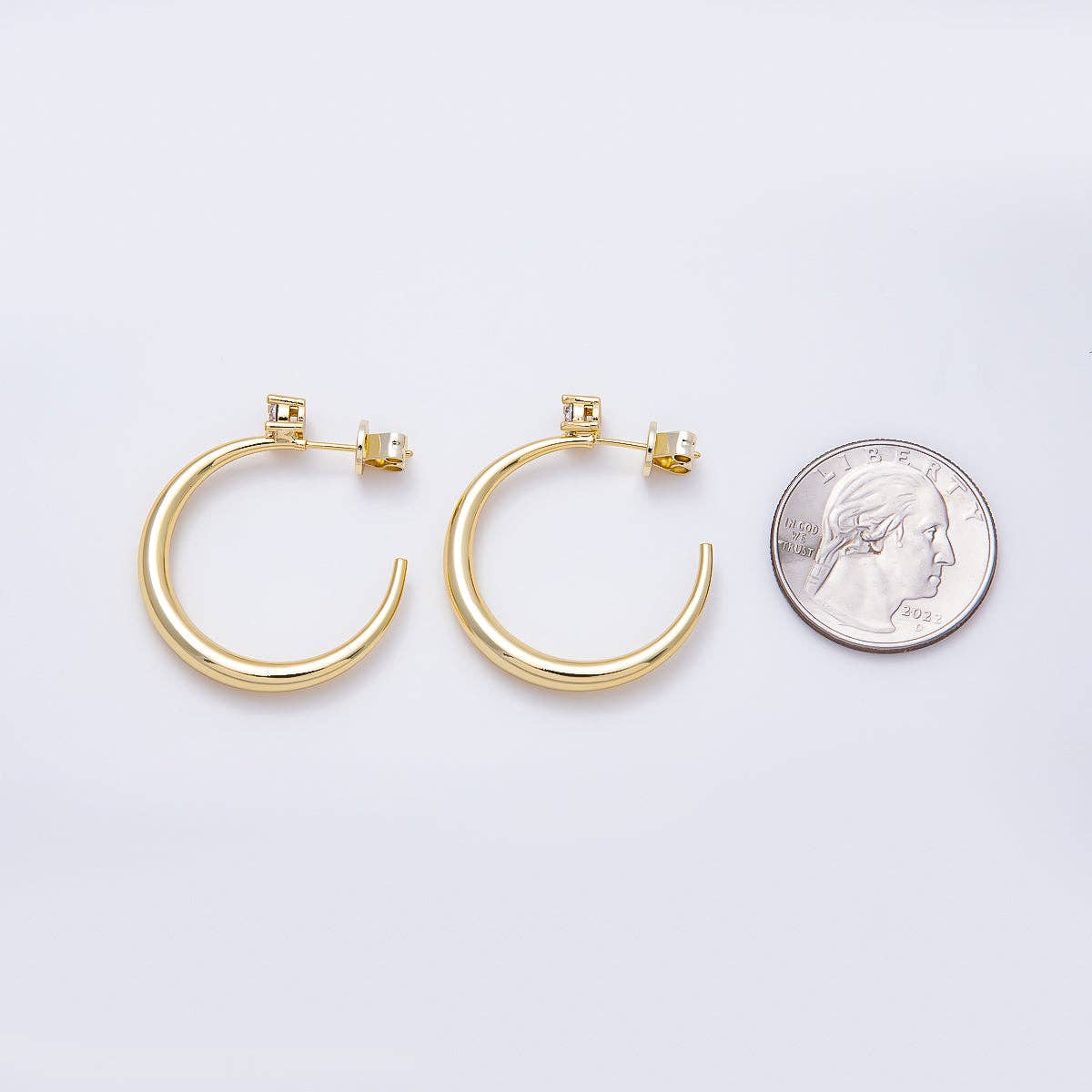16K Gold Filled 33mm Solitaire CZ Open C- Hoop Earrings in Gold & Silver | Earrings-00811 - Earrings-00812