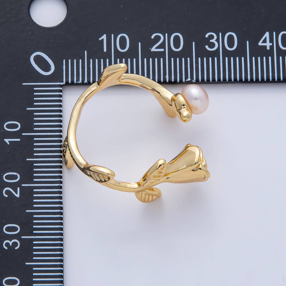18K Gold Filled White, Pink Shell Pearl Rose Flower Leaf Wrap Ring | O799