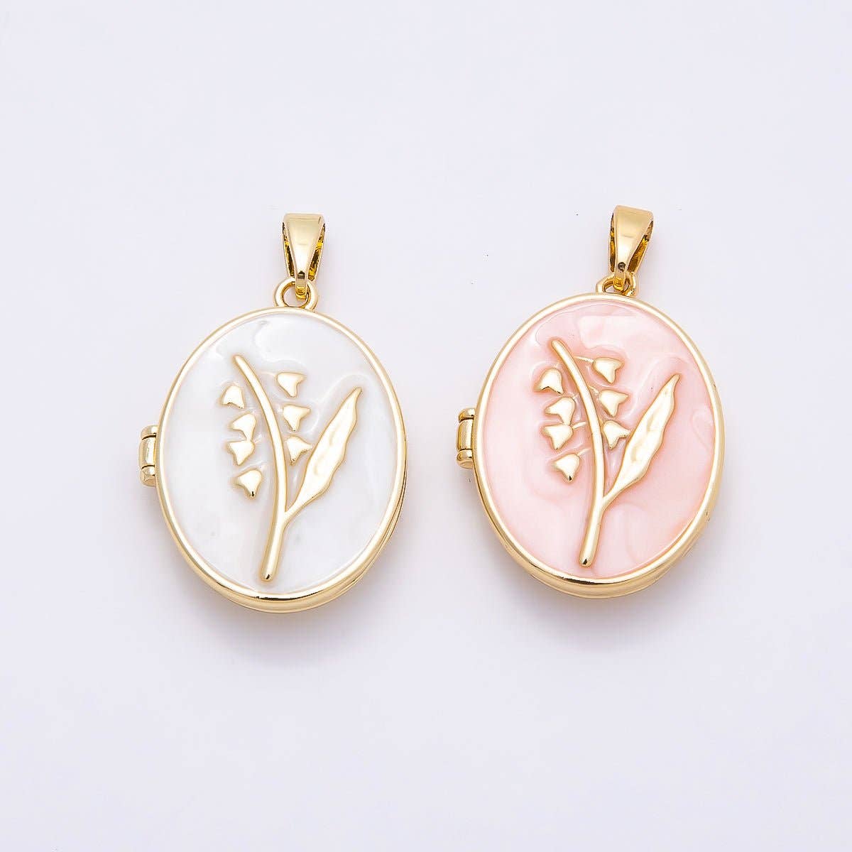 16K Gold Filled 24mm Pink, White Glitter Enamel Flower Oval Locket Pendant | Charms-01031 Charms-01032