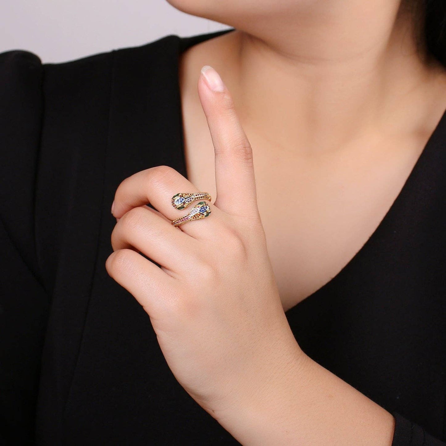 1pc 24k Gold CZ Pave Double Head Snake Ring, Adjustable Gold Snake Ring, Two Heads Serpent Animal Ring, Multi color Stone DIY Jewelry  R313
