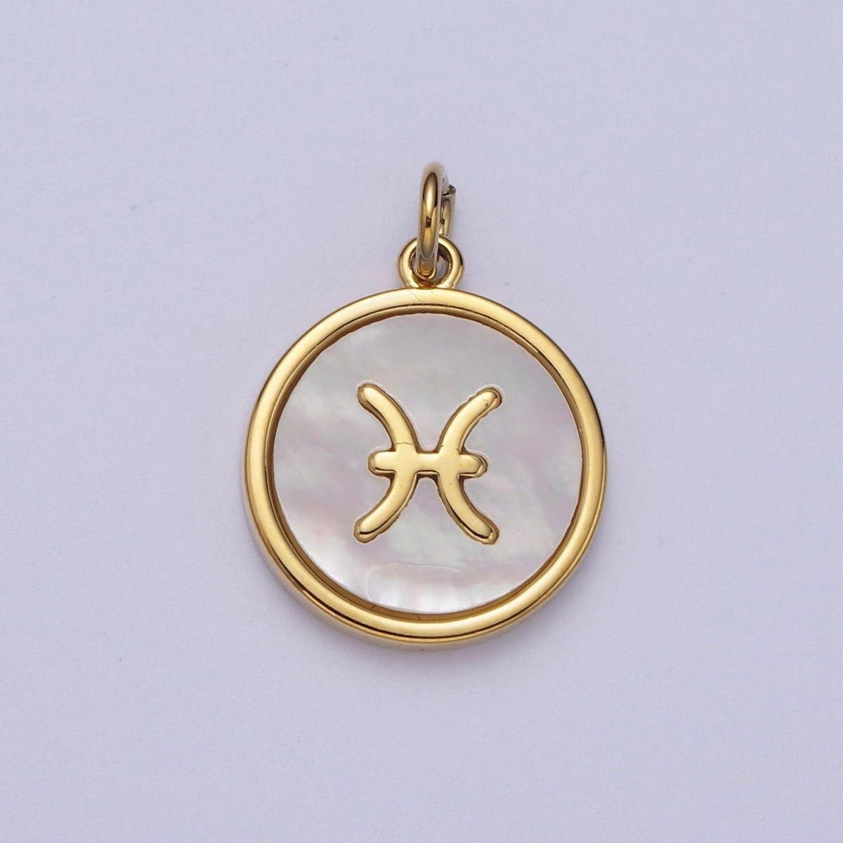 24K Gold Filled Zodiac Signs Shell Pearl Round Coin Charm Astrology Jewelry Making | A-A1367-A-A1372