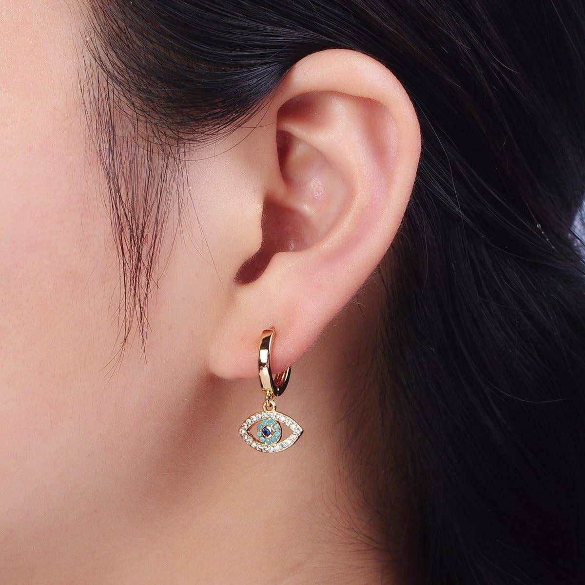 Evil Eye Charm Hoop Earrings Gold | Small Gold Hoops Huggie Earrings 16K Gold Filled Earring AD-066