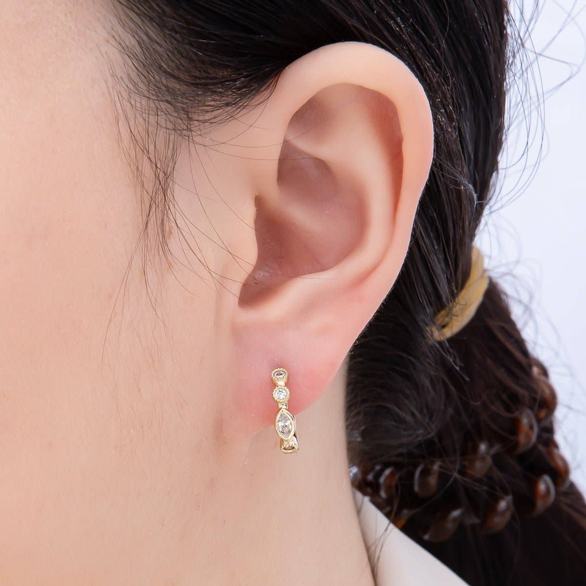 16K Gold Filled 17mm Marquise Round CZ Bezel Cartilage Huggie Earrings | Earrings-00431