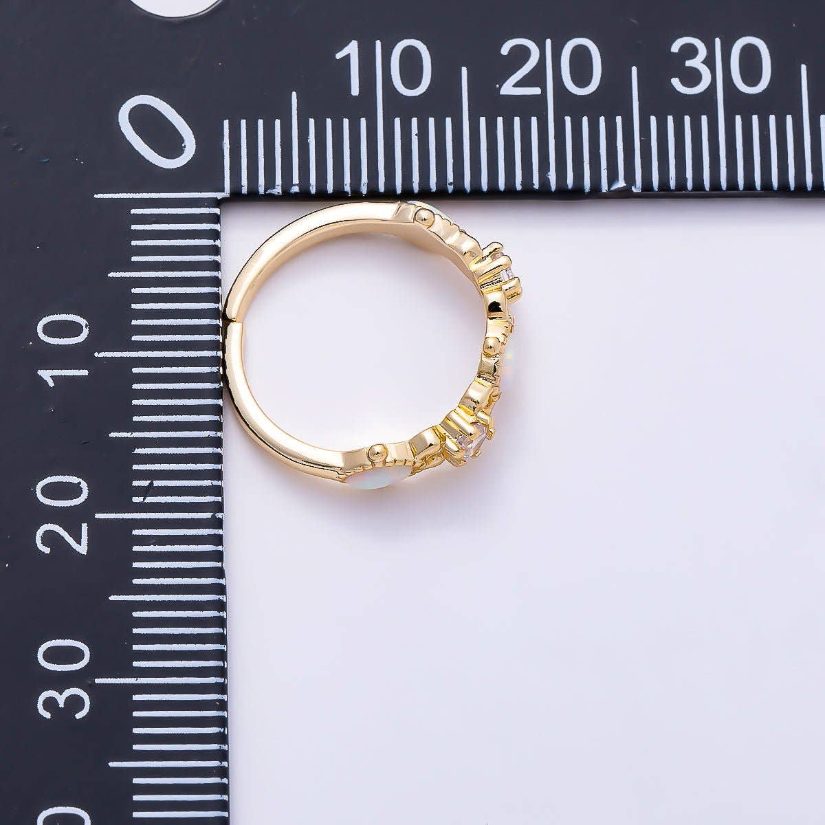 16K Gold Filled Vintage Marquise White Opal & Round Clear CZ Adjustable Pinky Ring | Rings-00381