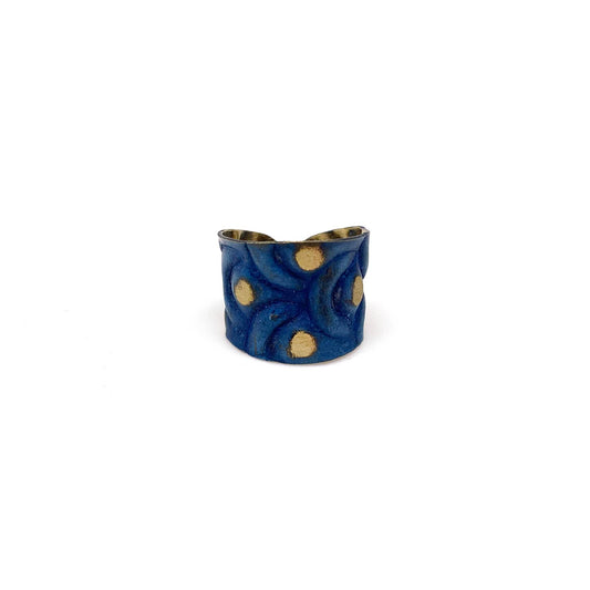 Brass Patina Ring - Cobalt Blue Waves and Brass Dots
