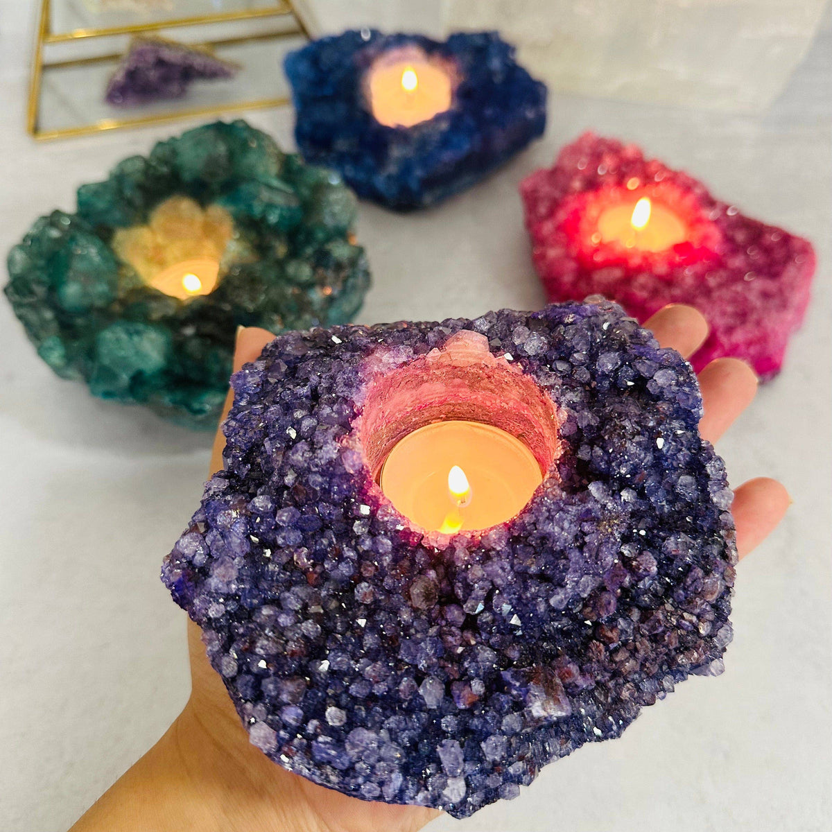 Crystal Cluster Candle Holder with Dyed Quartz