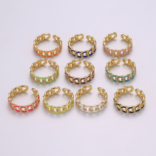 1X CZ Colorful Enamel Rings Gold Curb Chain Statement Ring, Chunky Chain Ring, Stackable Open Adjustable Ring Pink White black Green Yellow