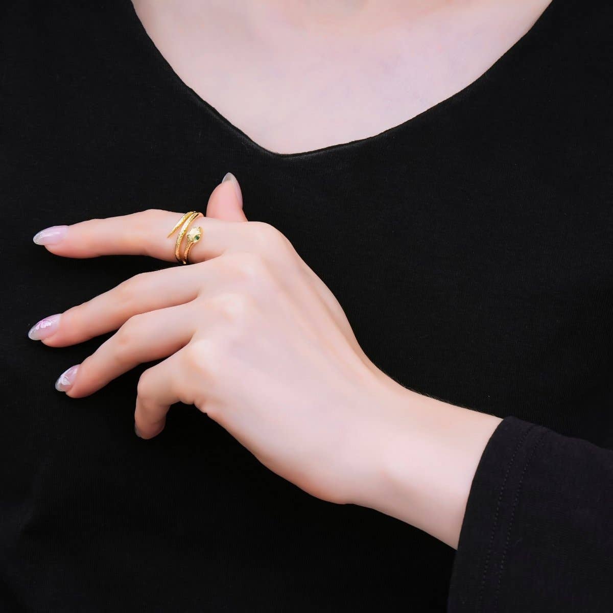24K Gold Filled Green CZ Snake Serpent Scaled Adjustable Ring | O1185