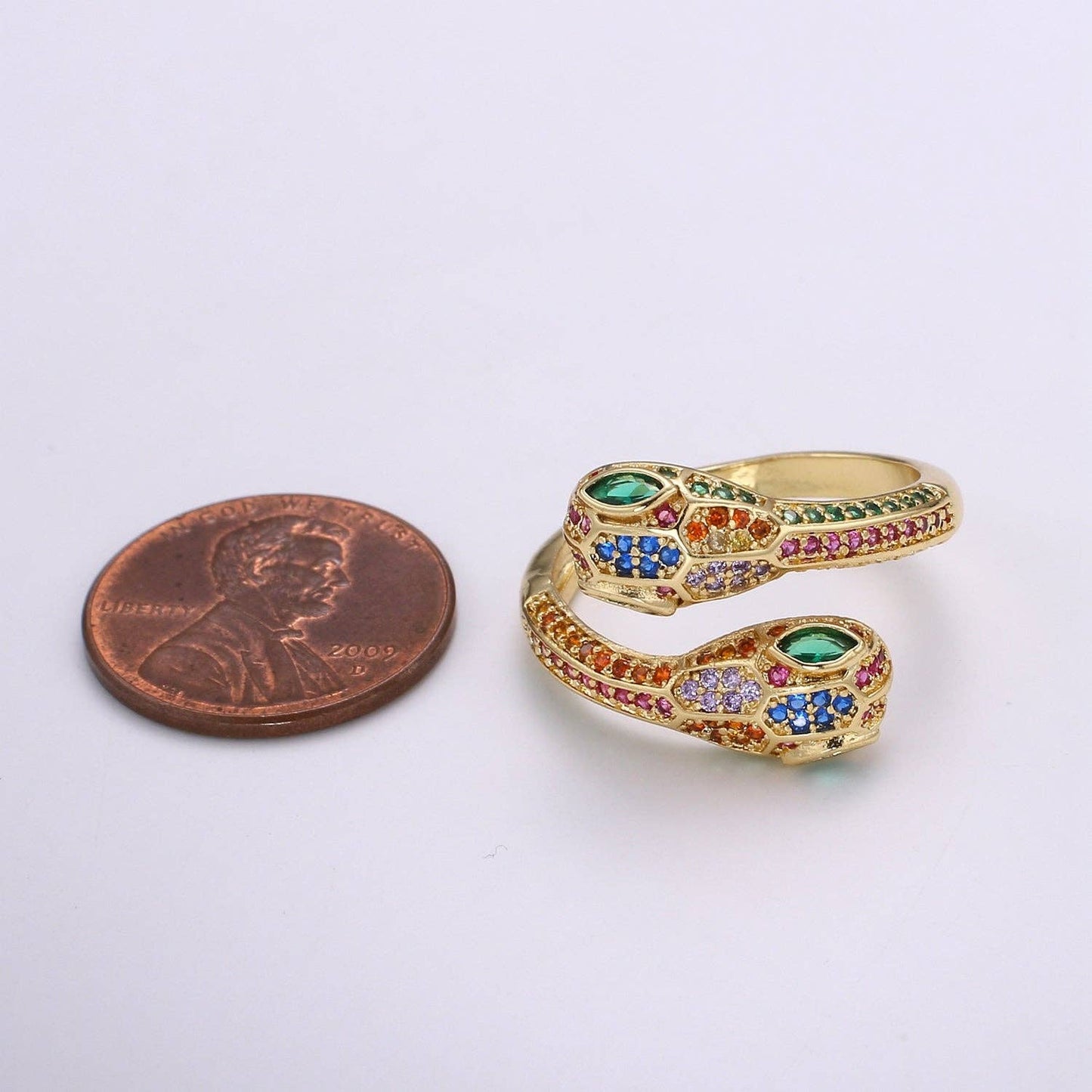 1pc 24k Gold CZ Pave Double Head Snake Ring, Adjustable Gold Snake Ring, Two Heads Serpent Animal Ring, Multi color Stone DIY Jewelry  R313