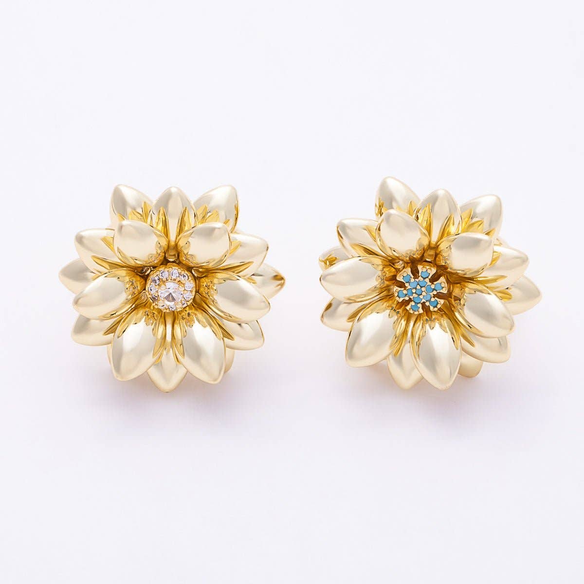 16K Gold Filled Clear, Turquoise Micro Paved CZ Flower Ring | Rings-00330 Rings-00331