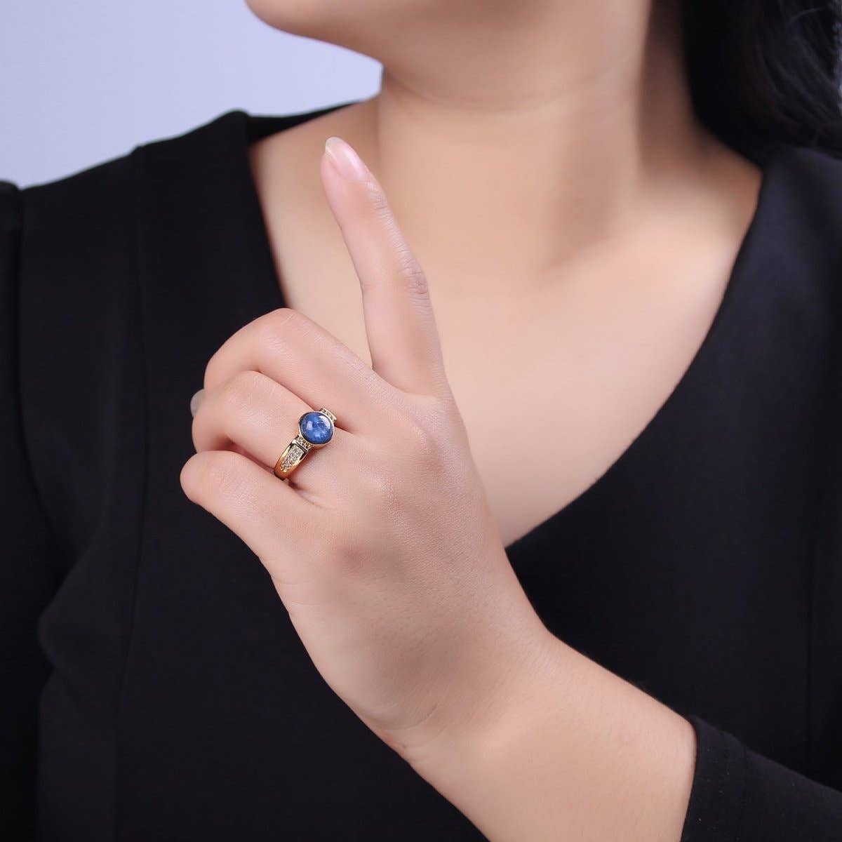 24K Gold Filled Blue Kyanite Gemstone Micro Paved CZ Signet Ring | U372