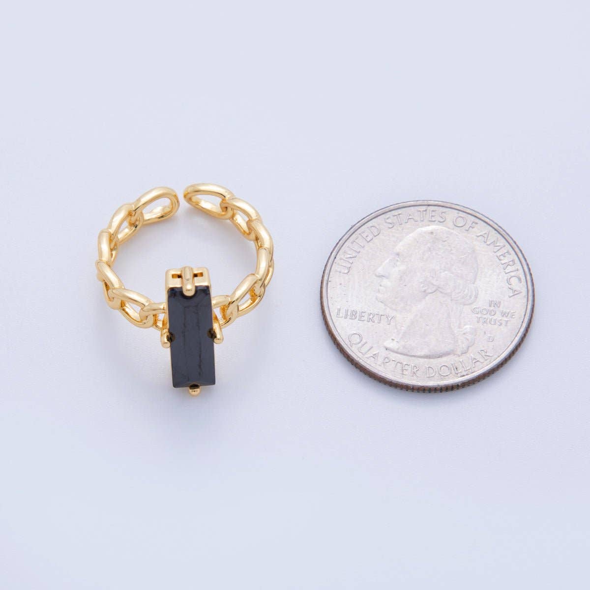 18K Gold Filled Black Baguette CZ Curb Band Solitaire Ring | O1838