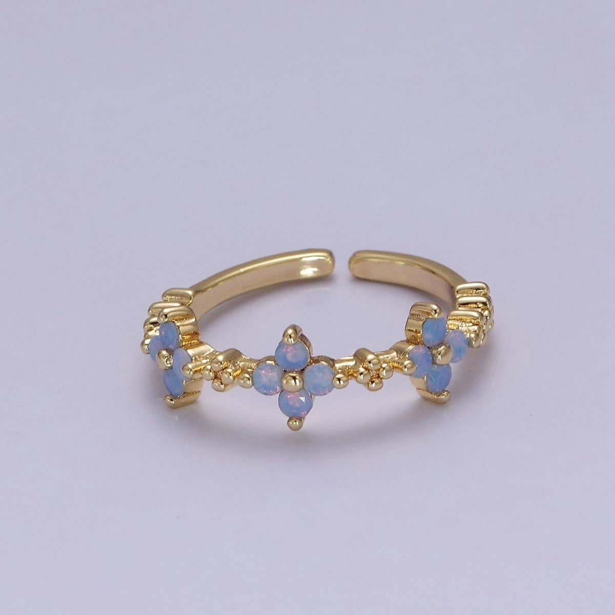 Dainty Blue Opal Flower Ring Open Adjustable Gold Filled Band Ring For Minimalist Jewelry O2079