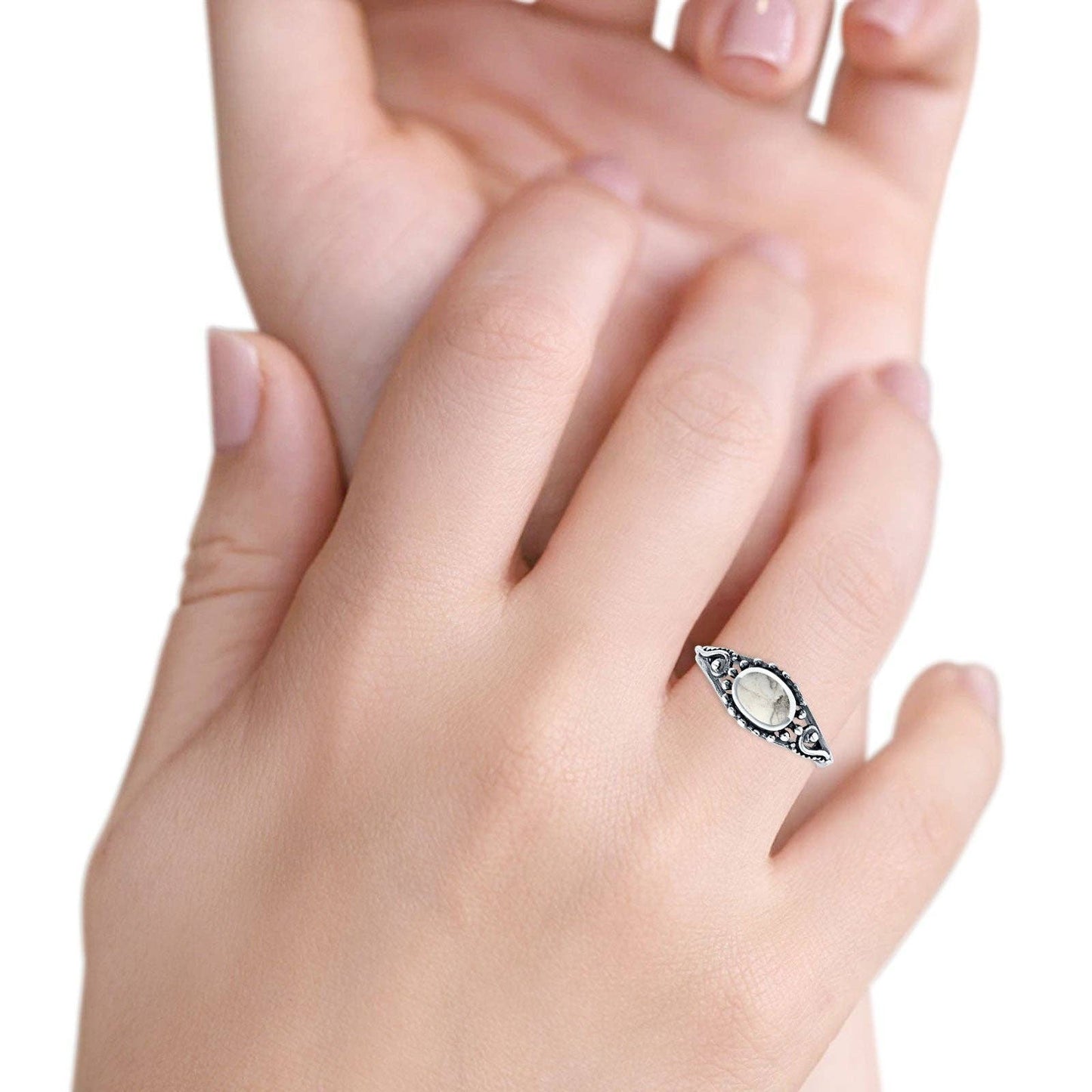 Oval White Buffalo Turquoise Beaded Ring Oxidized