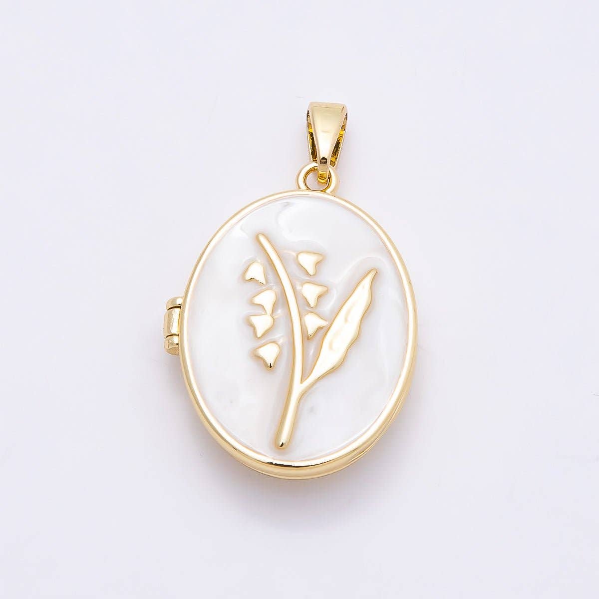 16K Gold Filled 24mm Pink, White Glitter Enamel Flower Oval Locket Pendant | Charms-01031 Charms-01032