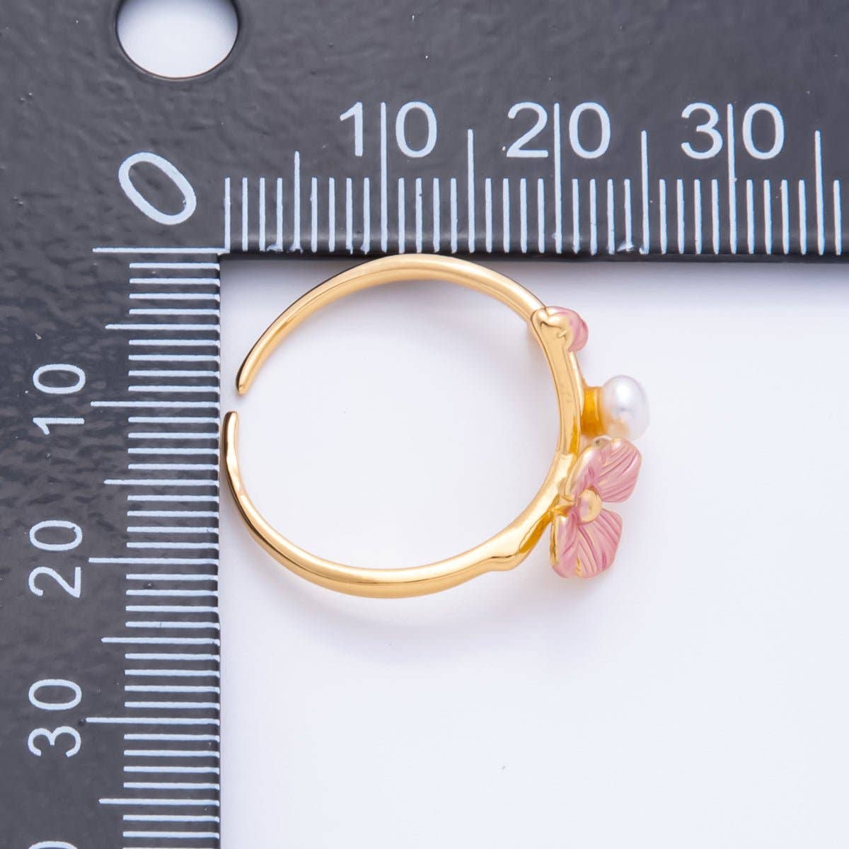 18K Gold Filled Pink Enamel Sakura Flower with Shell Pearl Adjustable Ring | O-032