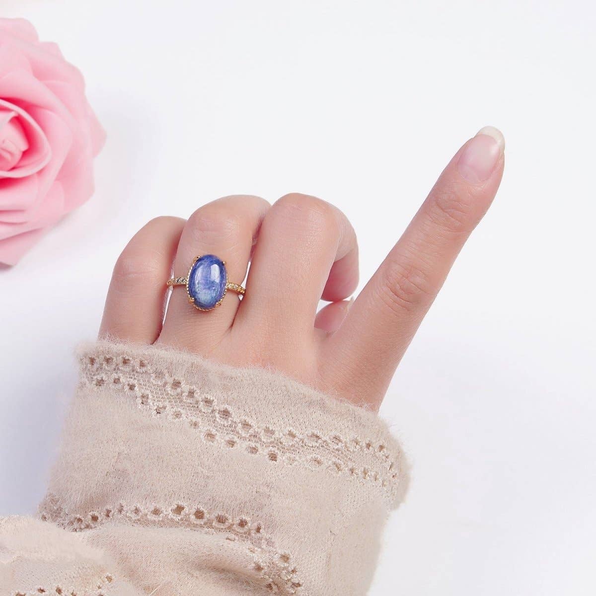 24K Gold Filled Oval Blue Lapiz Stone Ring with Micro Pave CZ Band O-2276