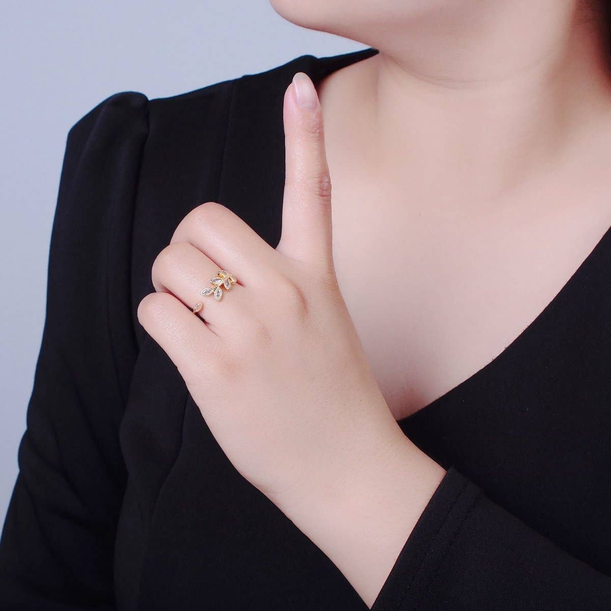 TRENDY Gold Leaf Ring, Pave Leaf Ring, Olive Leaf Vine Ring, Wraparound Ring, Nature Ring, Adjustable Size Ring O-2252