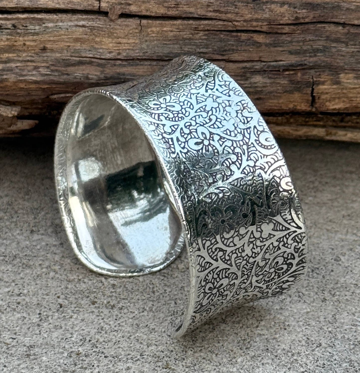 Handcrafted Engraved Floral Cuff Bracelet Bohemian Hippie