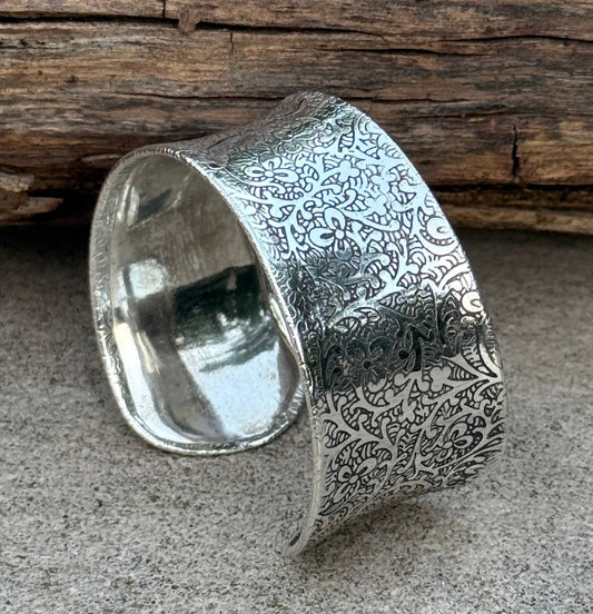 Handcrafted Engraved Floral Cuff Bracelet Bohemian Hippie